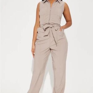 Fashion Nova Sleeveless Tie-Waist Jumpsuit - Beige Taupe